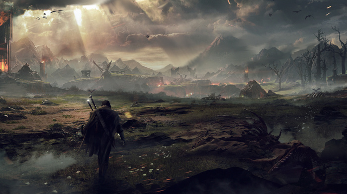 fire, sword, video games, concept art, skeleton, The Lord of the Rings, eagle, middle, earth shadow of mordor
