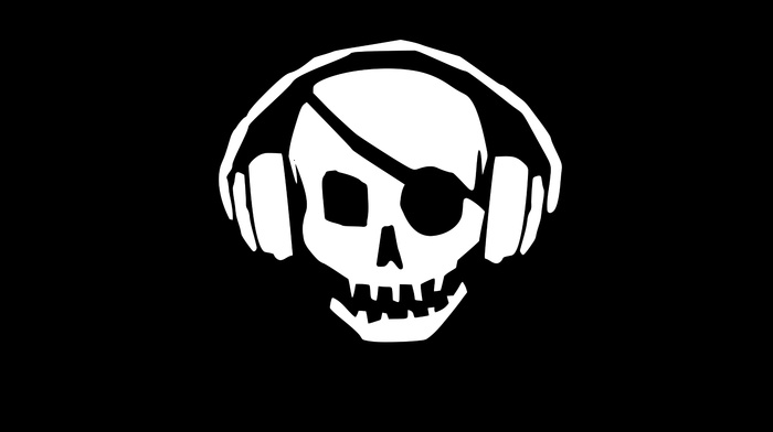 skull, black background, headphones, black, minimalism, eye patch