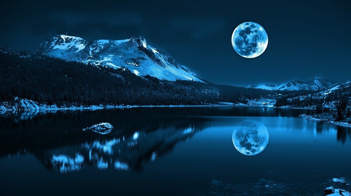 mountain, forest, nature, moon, trees, landscape, lake, night, cold, reflection, water, blue