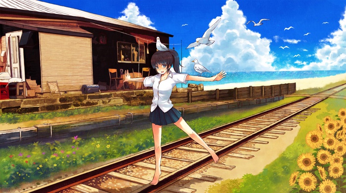 anime, original characters, birds, school uniform, railway, anime girls, manga, blue