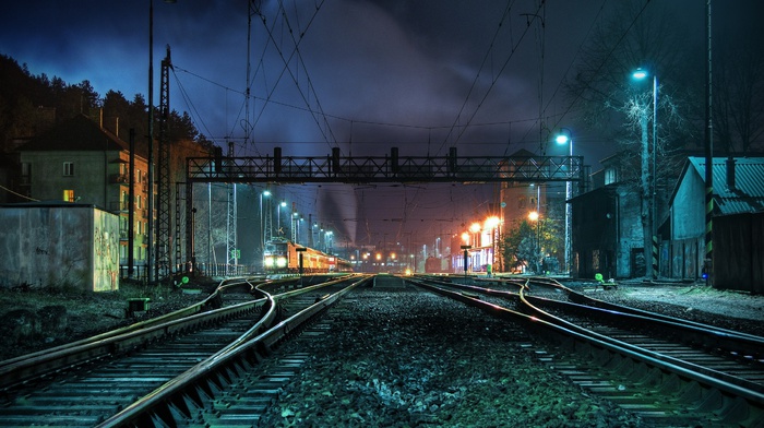 lights, night, photography, train station, HDR, train