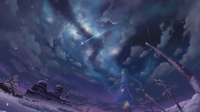 winter, anime girls, snow, shooting stars, stars, night