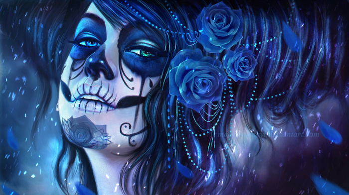 rose, magicnaanavi, sugar skull, blue flowers, artwork