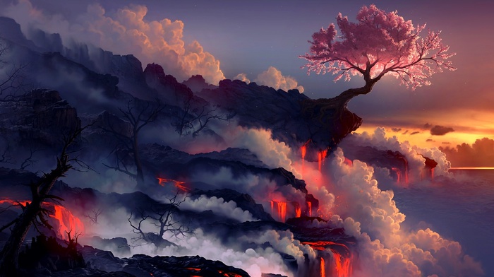 trees, fantasy art, cherry blossom, album artwork, nature, artwork, smoke, fire, lava, fightstar, digital art, landscape