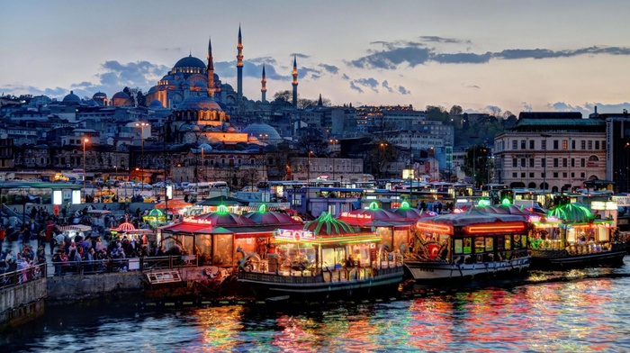 lights, architecture, coast, Turkey, mosques, boat, Istanbul, crowds, cityscape
