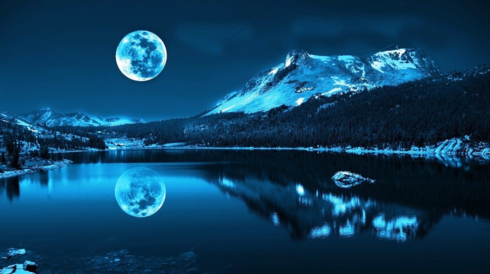 lake, moon, mountain