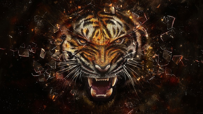 tiger, animals, abstract, shattered, digital art