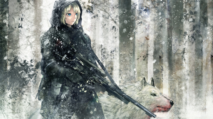 anime, snow, anime girls, wolf, snipers, forest