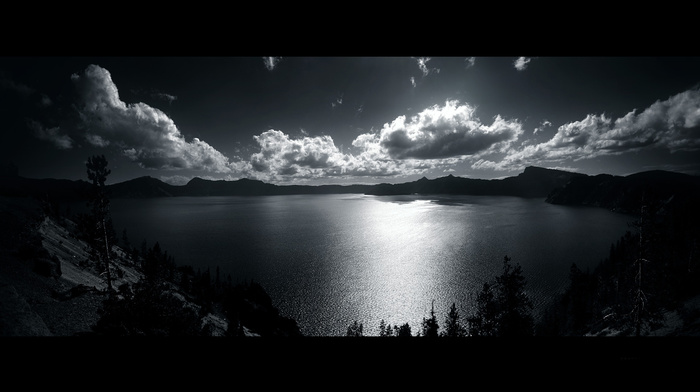 clouds, landscape, black, white, lake