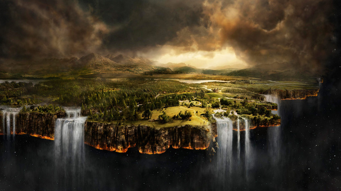 matte painting, space, clouds, waterfall, landscape