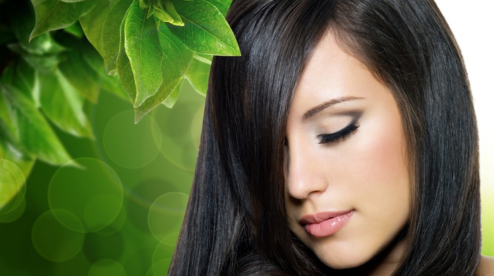 girl, brunette, leaves