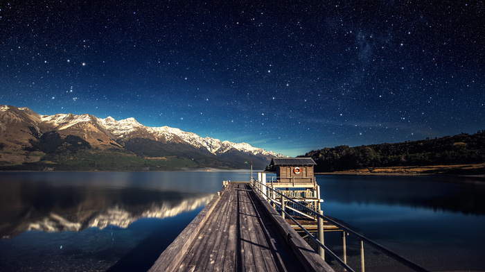 reflection, stars, night, blue, mountain, water, lake, landscape