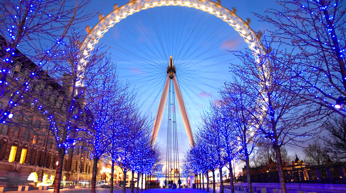 path, trees, blue, christmas lights, london eye, ferris wheel, London