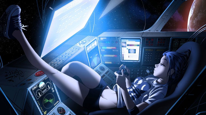 spaceship, futuristic, 88 girl, space invaders, glowing, cockpit, anime, video games, controllers, playstation 3, space station, zero gravity, drawing, artwork, girl, vashperado, space