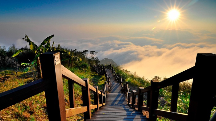 Sun, landscape, nature, clouds, sky, mountain