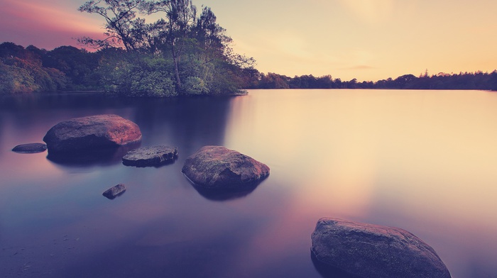 rock, trees, water, lake, landscape