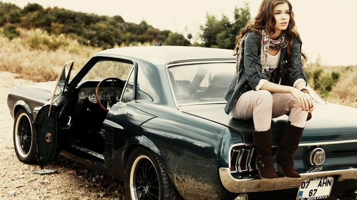 curly hair, car, brunette, girl with cars, Turkey, muscle cars, Ford Mustang