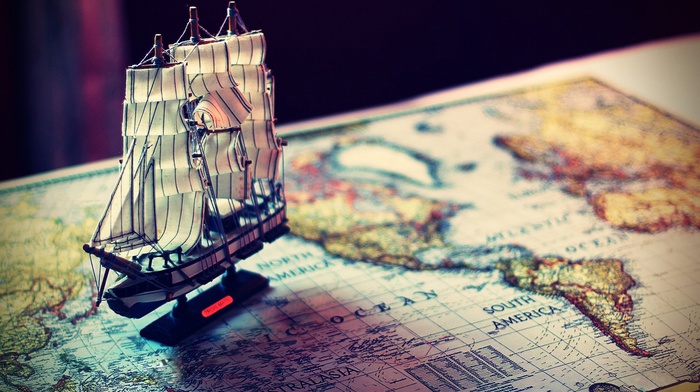 map, sailing ships, world map, world, old map, model ship, continents, macro, miniatures, ship, depth of field