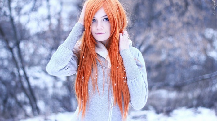 winter, redhead, bokeh, girl, blue eyes, long hair