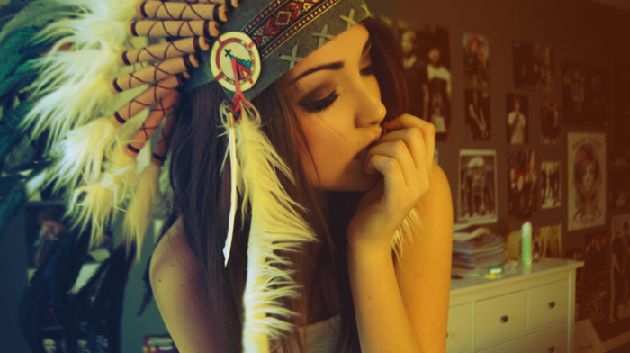 brunette, headdress, girl, portrait, melanie iglesias, native americans, anime, summer, yellow