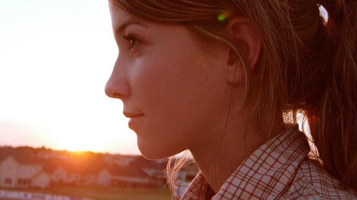 girl, brunette, sunset