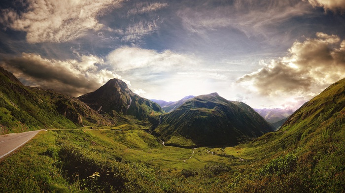 landscape, road, clouds, mountain