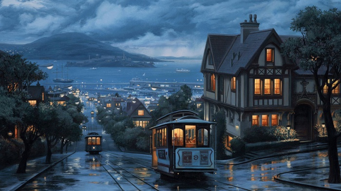 cable cars, painting, san francisco, Alcatraz