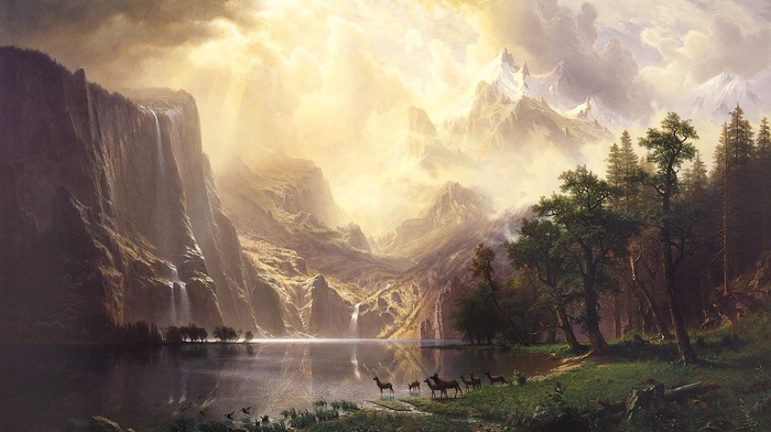 mountain, trees, Albert Bierstadt, landscape, waterfall, snow, fantasy art, lake, animals