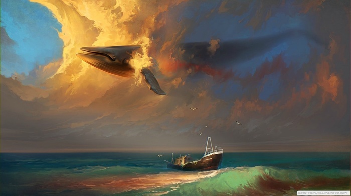clouds, whale, fantasy art, boat, surreal