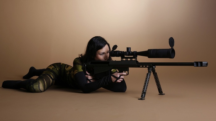 girl, dark hair, weapon, sniper rifle