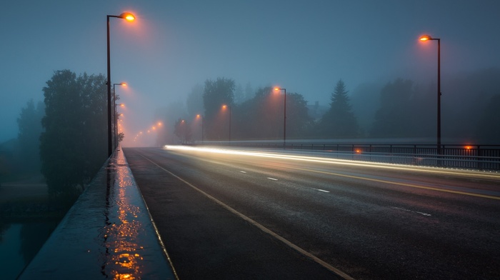 cityscape, mist, long exposure, road, rain, night, street, lights