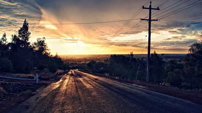 sunset, asphalt, trees, road, photo manipulation, HDR, clouds