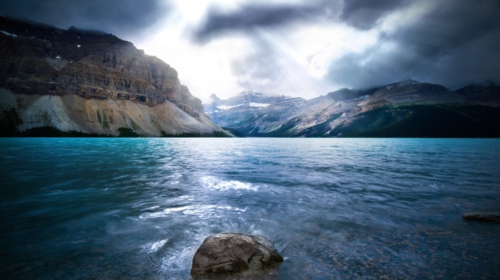 sunlight, Bow Lake, blue, sea, banff national park, mountain, rock