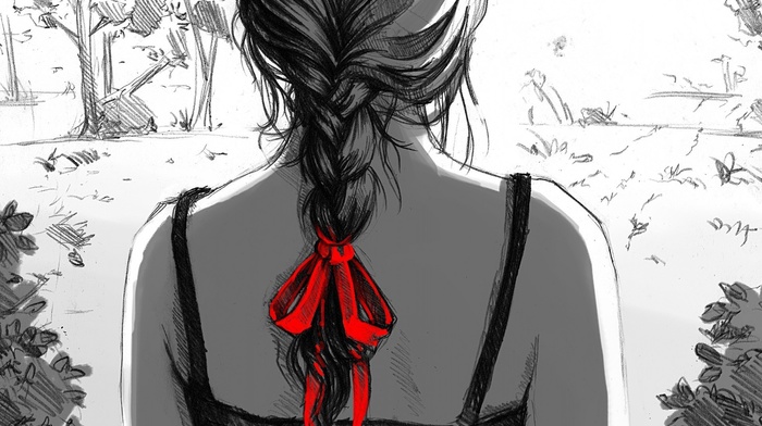 drawing, red, selective coloring, girl