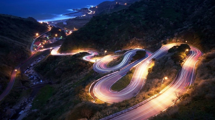 hairpin turns, long exposure, night, photography, road, landscape