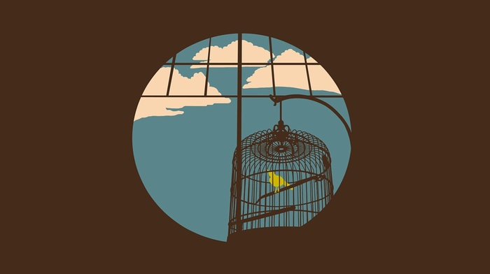 birds, simple, clouds, minimalism, cages, sky