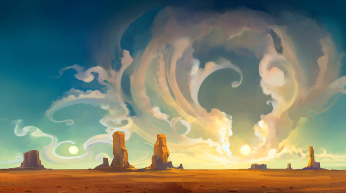 Sun, artwork, desert, clouds