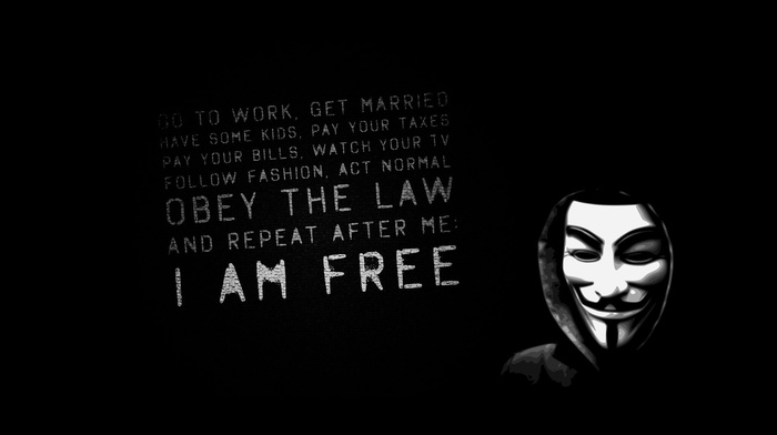 USA, quote, Guy Fawkes mask, Anonymous, minimalism, freedom, I am free