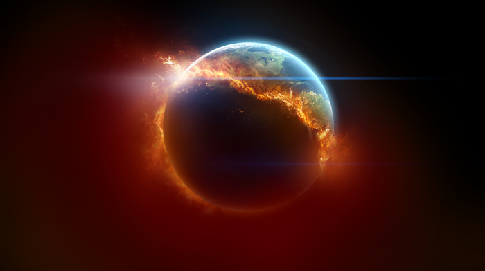 planet, space art, burning, Earth, fire