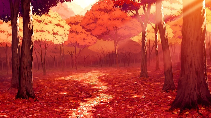 leaves, fall, sunlight, drawing, red, anime, forest, artwork