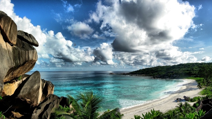 clouds, sky, stones, rock, summer, water