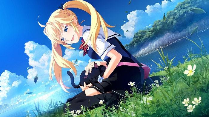 sea, Matsushima Michiru, school uniform, grass, water, clouds, Grisaia no Kajitsu, nature, blonde, cat, blue eyes, flowers