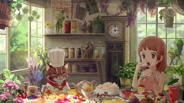 food, cat, tea, pastries, clocks, cakes