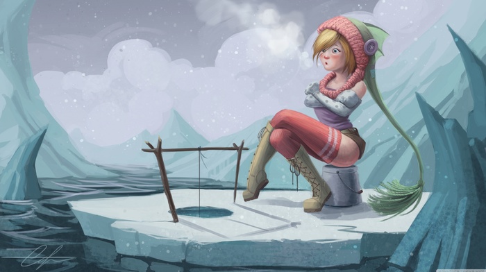 drawing, girl, fishing, winter, fantasy art