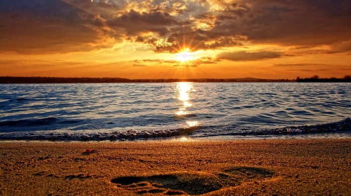 coast, sea, sand, summer, sunset