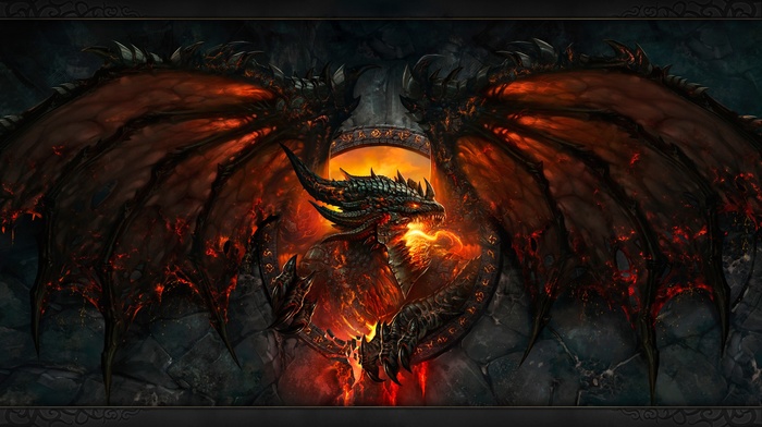 teeth, face, dragon, Deathwing, World of Warcraft Cataclysm, Blizzard Entertainment, Dragon Wings, fire, claws, fantasy art, wings, video games, World of Warcraft
