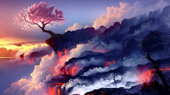 trees, cherry blossom, clouds, artwork, lava