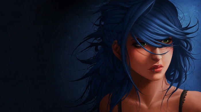 girl, blue hair, artwork, green eyes, piercing
