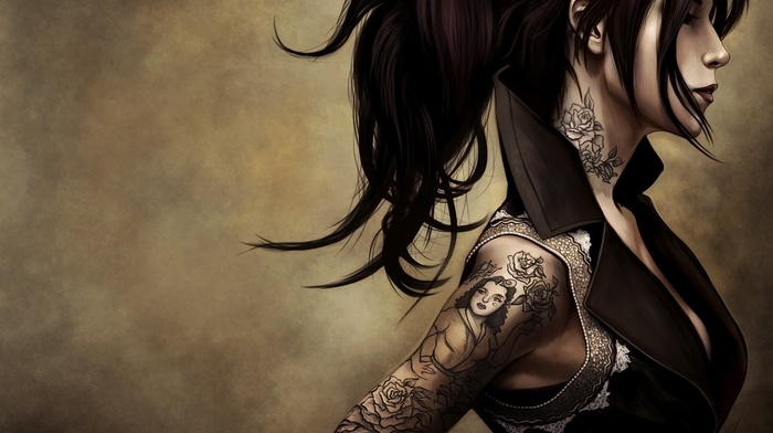 artwork, tattoo, girl, digital art, ponytail