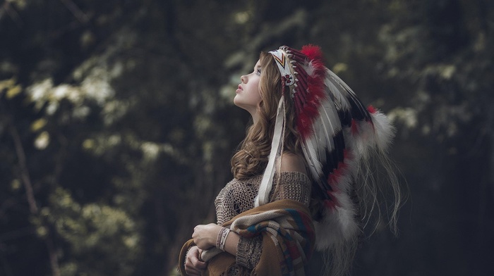 looking up, native americans, headdress, cardigan, brunette, nature, profile